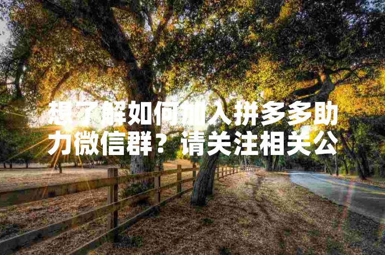 想了解如何加入拼多多助力微信群？请关注相关公众号或搜索群聊二维码。
